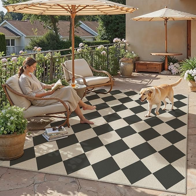 PureCozy 6x9 Checkered Chevron Pattern Area Rug for Living Room Large Checkerboard Washable Indoor Outdoor Carpet Farmhouse Patio Office Mat Geometric Non Slip Black Carpet for Backyard Dining Room