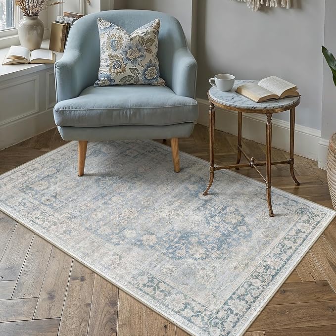 3x5 Blue Farmhouse Area Rug | Washable, Non Slip, Soft Low Pile, Neutral Vintage, for Entryway Kitchen Bathroom Living Room Bedroom Indoor Home Decor