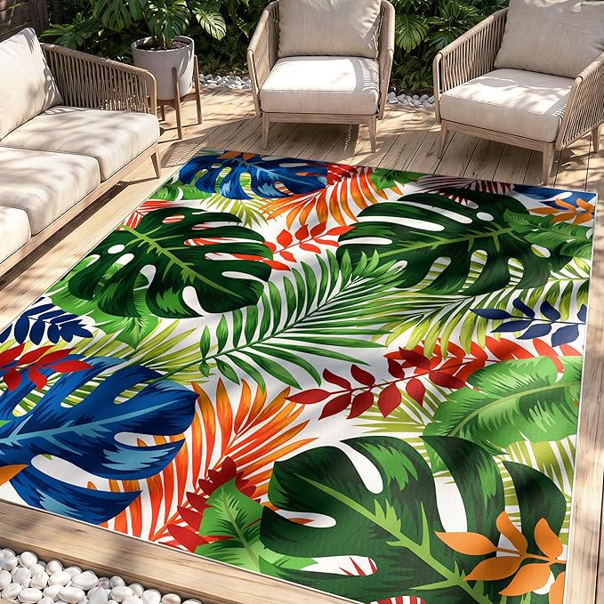 Arenarug 4x6 Monstera Tropical Outdoor Rug – Waterproof Non-Slip Machine Washable Patio Rug, UV & Stain Resistant Outdoor Carpet for Patio Deck Balcony Backyard, Colorful