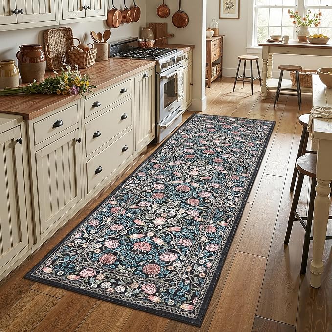 GarveeHome Blue Floral 2x6 Kitchen Runner Rug for Hallways | Washable Entryway Bedroom Bathroom Dorm Rug Vintage Boho Rugs Low-Pile Non-Slip Stain Resistant TPE Backing