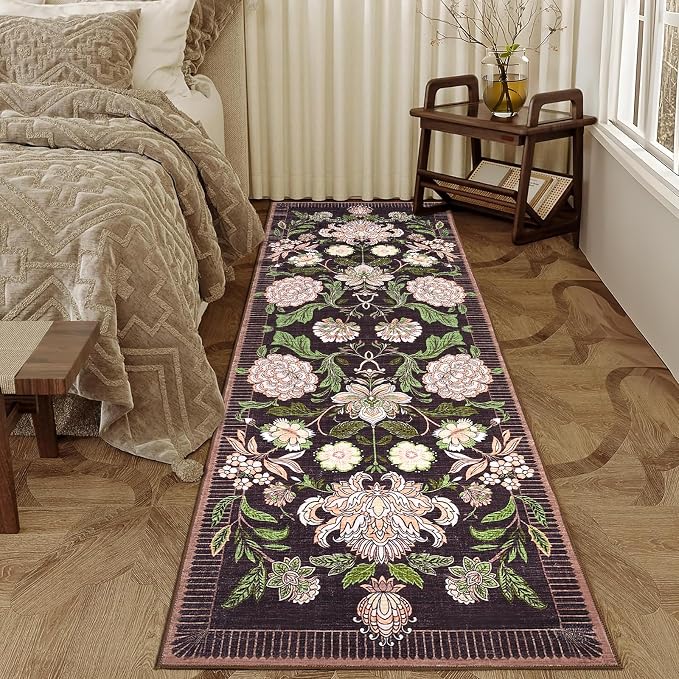 GarveeHome Plum Pink Floral Botanical 2x6 Washable Kitchen Runner Rugs Non Slip Black Purple Vintage Boho Cottage Long Rug for Hallways Bedroom Entryway Bathroom Mat with Rubber Back