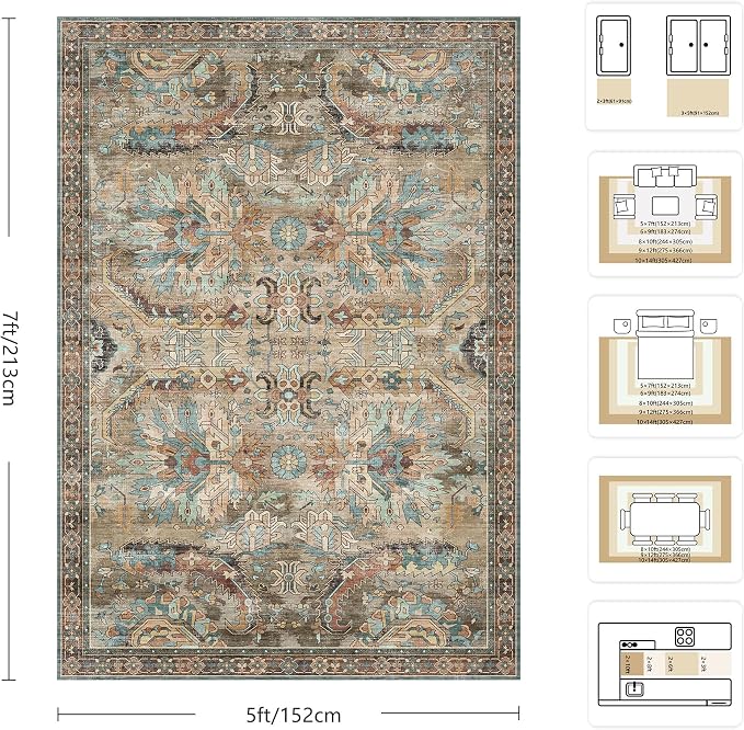 5x7 Area Rugs, Vintage Retro Soft Washable Rug, Non-Slip Low Pile Rugs for Living Room, Bedroom, Dining Room, Stain Resistant Home Decor Rug (Vintage Olive Green)