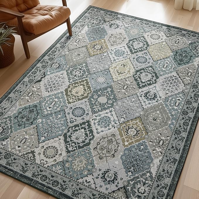 Phantoscope Washable Area Rug 5'x7' Non-Slip, Vintage Boho Rugs for Living Room, Bedroom, Dining Room, Distressed Moroccan Mosaic Diamond Pattern, Low-Pile Foldable Floor Carpet, Grey Charcoal