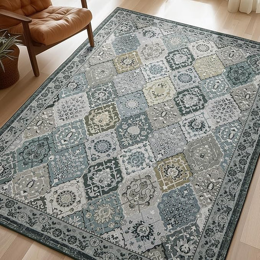 Phantoscope Washable Area Rug 5'x7' Non-Slip, Vintage Boho Rugs for Living Room, Bedroom, Dining Room, Distressed Moroccan Mosaic Diamond Pattern, Low-Pile Foldable Floor Carpet, Grey Charcoal