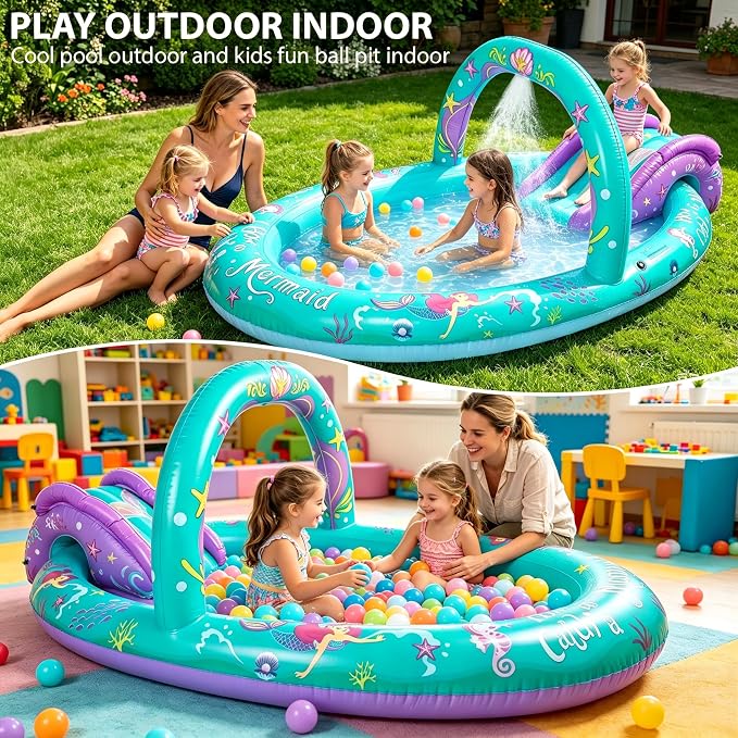 SULIFEEL 2026 Inflatable Mermaid Play Center Kiddie Pool with Slide and Sprinkler for Children, Summer Splashing Baby Pool for Backyard and Garden 96"x59"39"