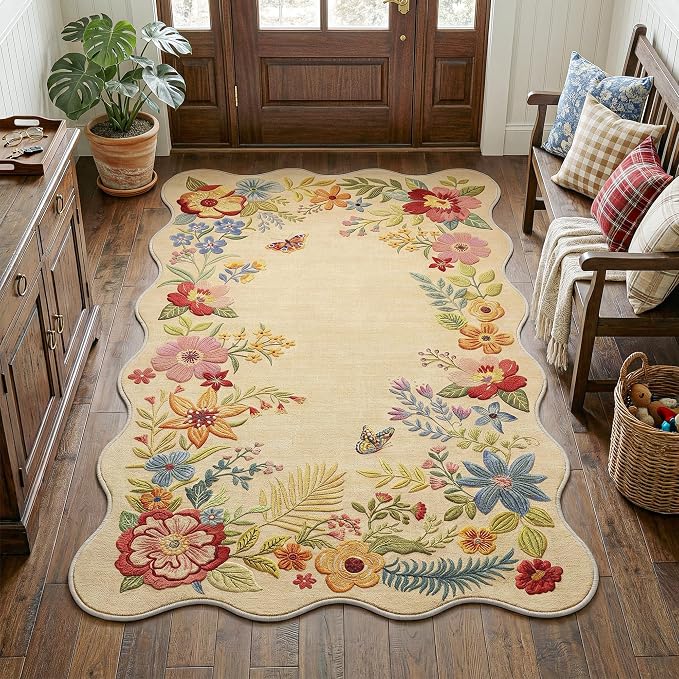FMFUNCTEX 3x4 Washable Beige Floral Vintage Scalloped Area Rug for Entryway | Flower Colorful Traditional Boho Non Slip Low Pile Pattern Indoor Carpet Entrance Soft Rug Living Room Bedroom Kitchen Office