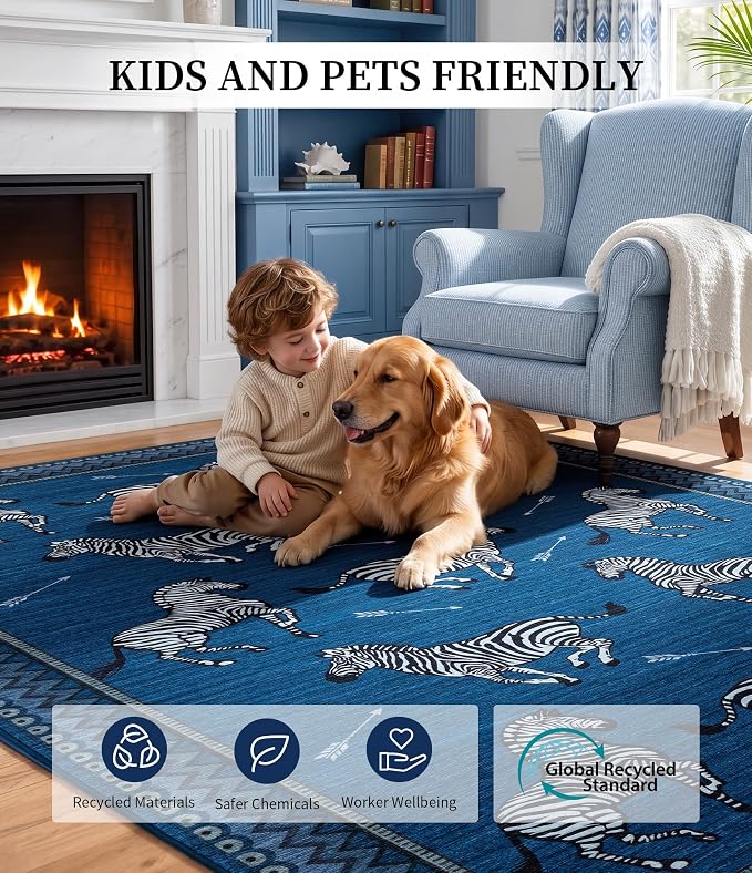 YIHOUSE Blue Zebra Area Rugs 6×9, Washable Animal Print Rug with Southwestern Border, Non-Slip Low Pile Mid-Century Modern Carpet for Living Room, Bedroom, Dining Room