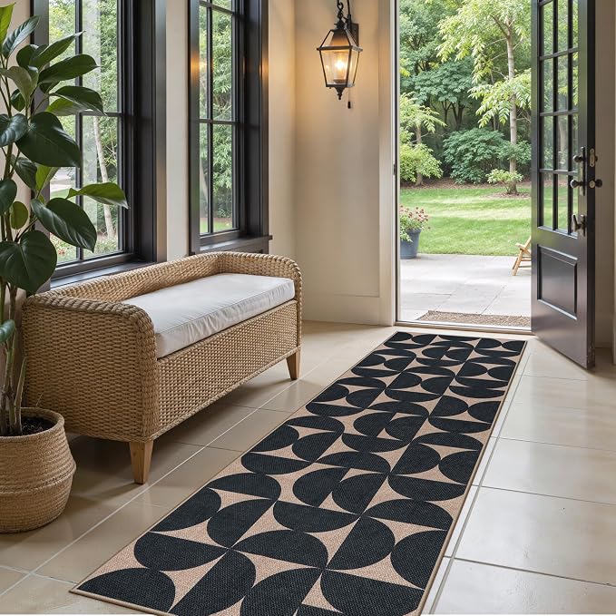 Lahome Semi Circle Easy Jute Black Runner Rug, 2x8 Washable Kithcen Runner | 8ft Non Slip Stain Resistant Non Shedding Indoor Outdoor Carpet for Entryway Hallway