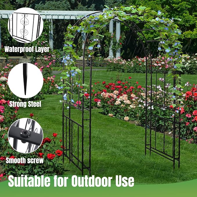 7FT Black Garden Arbor Trellis, Outdoor Metal Garden Arch for Climbing Plants Flowers Vines, Metal Lightweight Wedding Decoration Frame Archway for Lawn Bridal Party Ceremony Holiday Event