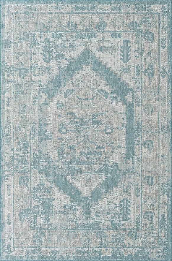 Unique Loom Outdoor Traditional Collection Area Rug - Valeria (6' 1" x 9' Rectangle, Aqua/ Ivory)