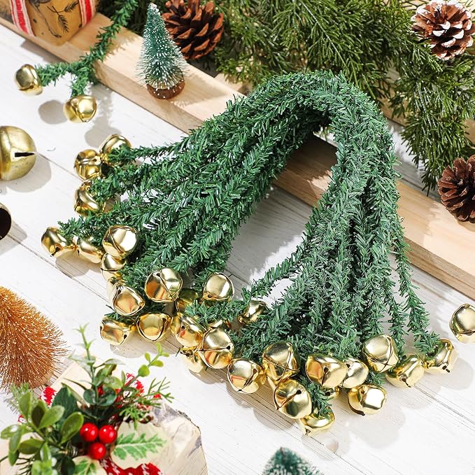 25 Pcs 20 Inches Christmas Garland Ties with Bells Decorative Twist Ties Garland Hanger for Banister Stairs Railing Garden Reusable Flexible Twist for Xmas Holiday Decorations (Gold)