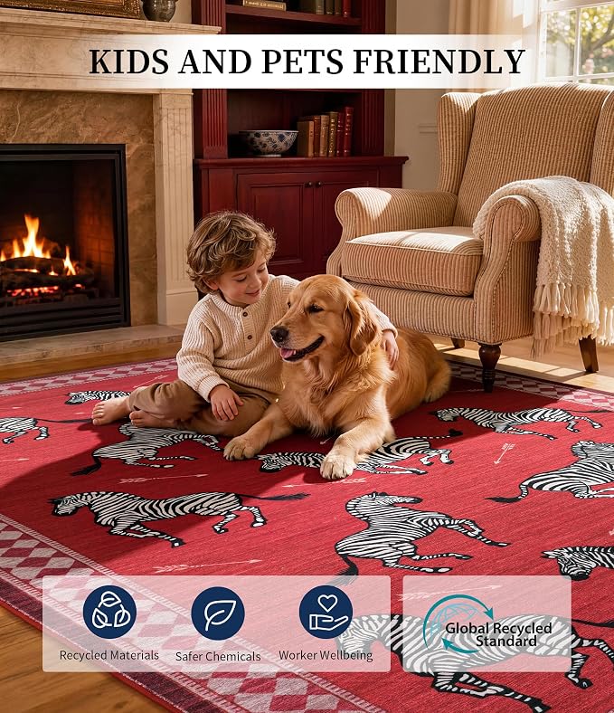 YIHOUSE Red Zebra Area Rugs 6×9, Washable Animal Print Rug with Checkered Border, Non-Slip Low Pile Mid-Century Modern Carpet for Living Room, Bedroom, Dining Room, Home Decor