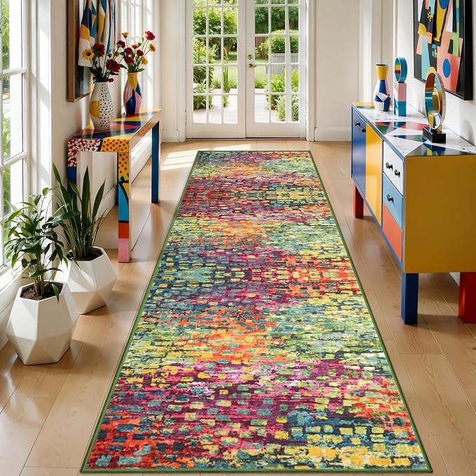 Tangsoo Colorful Abstract 2.6x8 Washable Runner Rug for Hallways, Non Slip | Modern Fun Soft Low Pile Long Runner Rug, Funky Carpet Runners for Kitchen Bedroom Entryway Living Room Home Decor
