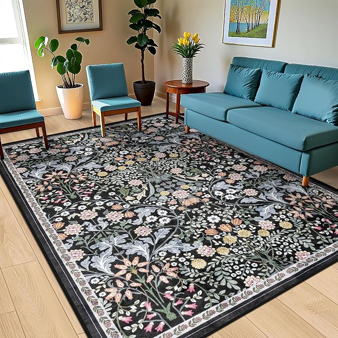 PLHXFR Area Rug 10x12 Living Room: Floral Washable Boho Carpet Dark Black | For Bedroom Dining Room Farmhouse Nursery Hallway,Vintage Floral,Machine washable,Non Slip,Stain Resistant,Large Indoor