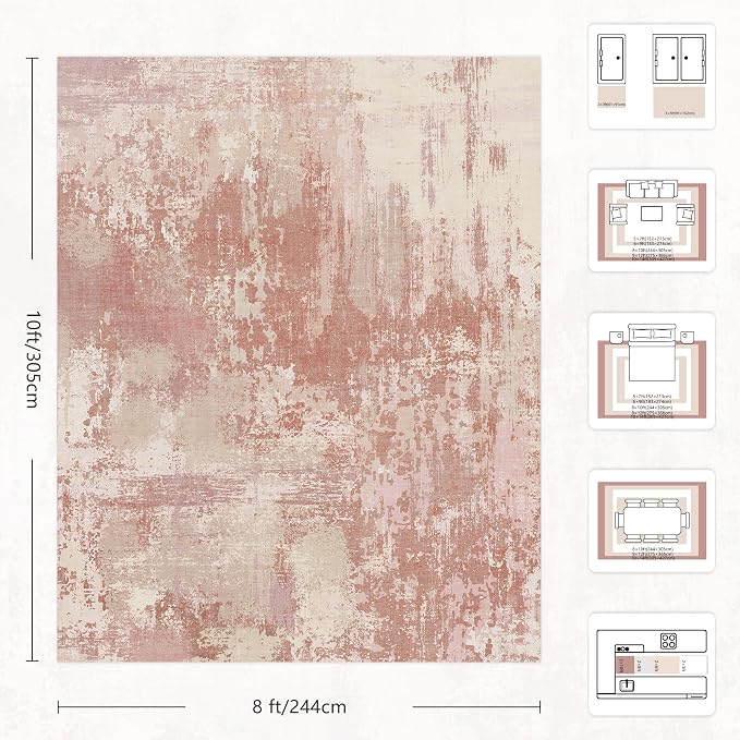 8x10 Rugs for Living Room - Modern Abstract Washable Rug, Ultra Soft Non Slip Low Pile Large Rugs, Floor Carpet for Bedroom Dining Room Office Laundry Nursery Home（Peach Powder）