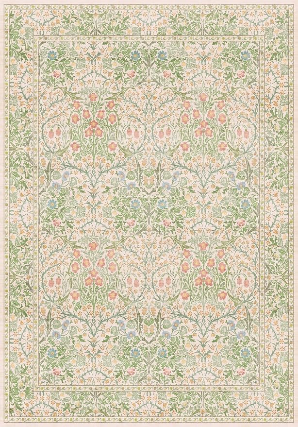 Light Green Bedroom Rug, 7x10 Washable Area Rug Non-Slip for Living Room, Nursery, Kids Room, Dining Room, Vintage Beige Botanical Low Pile Soft Carpet Fade Resistance