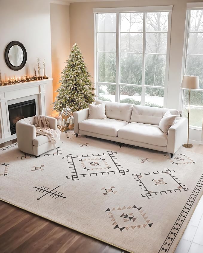 ILANGO Area Rug 5'x7' for Living Room Bedroom Washable Moroccan Boho Rugs for High Traffic Area Non Slip & Non-Shedding Rugs Fade Resistant Carpet for Kitchen Office (Beige)
