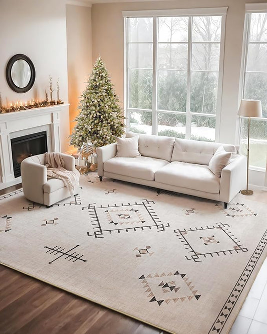 ILANGO Area Rug 5'x7' for Living Room Bedroom Washable Moroccan Boho Rugs for High Traffic Area Non Slip & Non-Shedding Rugs Fade Resistant Carpet for Kitchen Office (Beige)