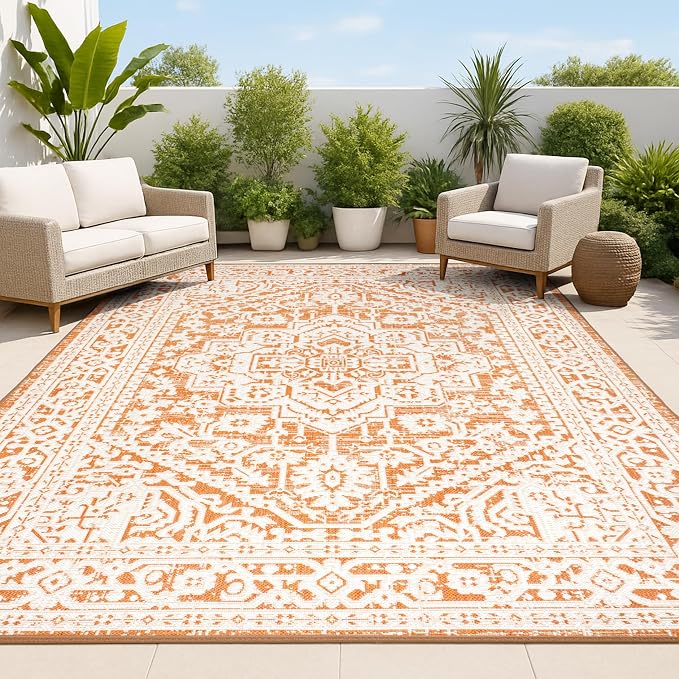 JONATHAN Y Medallion Weave Indoor Outdoor Area Rug 5X8 Orange/Cream, Sinjuri Textured for Backyard, Patio, Porch, Easy-Cleaning, High Traffic, Pet-Friendly, Non-Shedding (SMB101F-5)