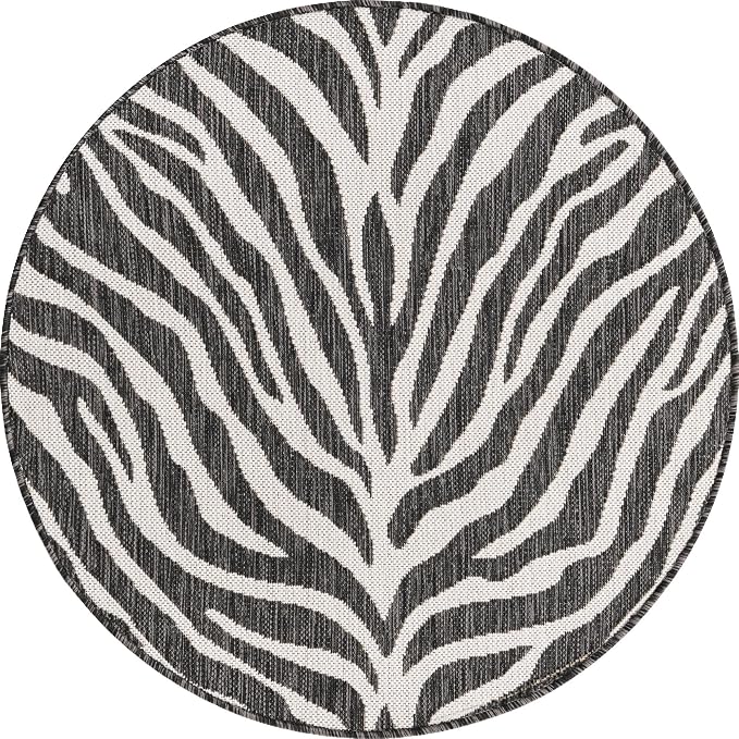 Unique Loom Outdoor Safari Collection Area Rug - Tsavo (3' 1" Round, White/ Black)