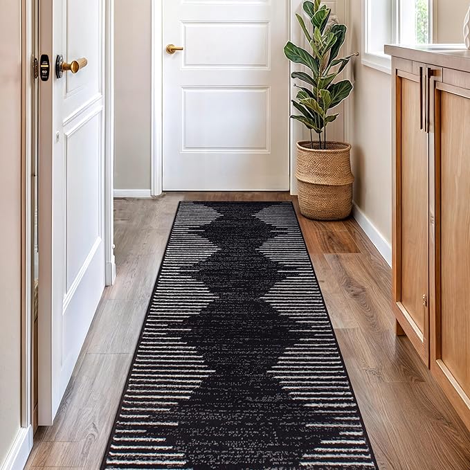 Rugshop Bohemian Stripe Stain Resistant Runner Rug Black 2'7" x 8' | High Traffic, Rectangular, Size 2'7" x 8', Living Room, Bedroom, Dining Room, Home Office, Kitchen, Entryway, Hallway