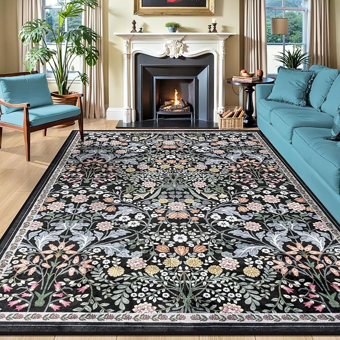 PLHXFR Area Rug 9x12 Living Room: Floral Washable Boho Carpet Dark Black | For Bedroom Dining Room Farmhouse Nursery Hallway,Vintage Floral,Machine washable,Non Slip,Stain Resistant,Large Indoor