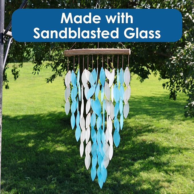 Blue Handworks Blue Deluxe Waterfall Glass Wind Chime | Handcrafted Deluxe Waterfall Glass Wind Chime in Bright Blue and Frosted White