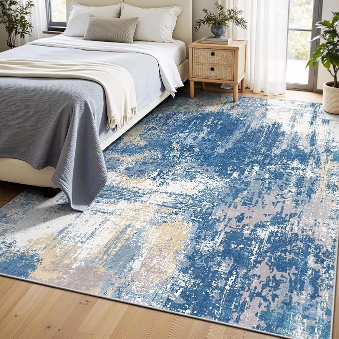 5x7 Rugs for Living Room - Modern Abstract Washable Rug, Ultra Soft Non Slip Low Pile Large Rugs, Floor Carpet for Bedroom Dining Room Office Laundry Nursery Home(Blue & Beige)