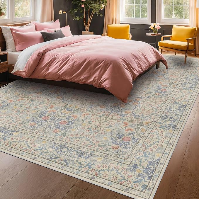 Vintage Washable Beige Blue 10x14 Rug for Living Room - Extra Large Area Rug for Dining Room Under Table, Bedroom - Botanical Floral Design with Purple Red Accent, Non-Slip Lightweight Soft Low Pile