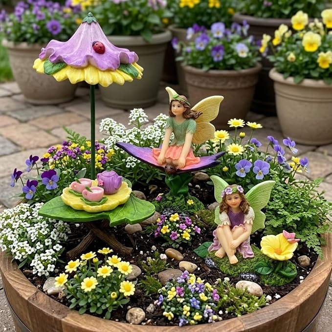 PRETMANNS Fairy Garden Accessories Kit - Adorable Fairies for Fairy Garden Outdoor, Miniature Fairy Figurines with Furniture Set, Fairy Garden Supplies for Indoor Outdoor Décor