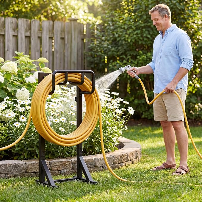 Garden Hose Holder Stand, Freestanding Heavy Duty Metal Hose Holder with Stable Base and Tool Hooks, Rustproof Water Hose Storage Rack for Outside Yard Lawn