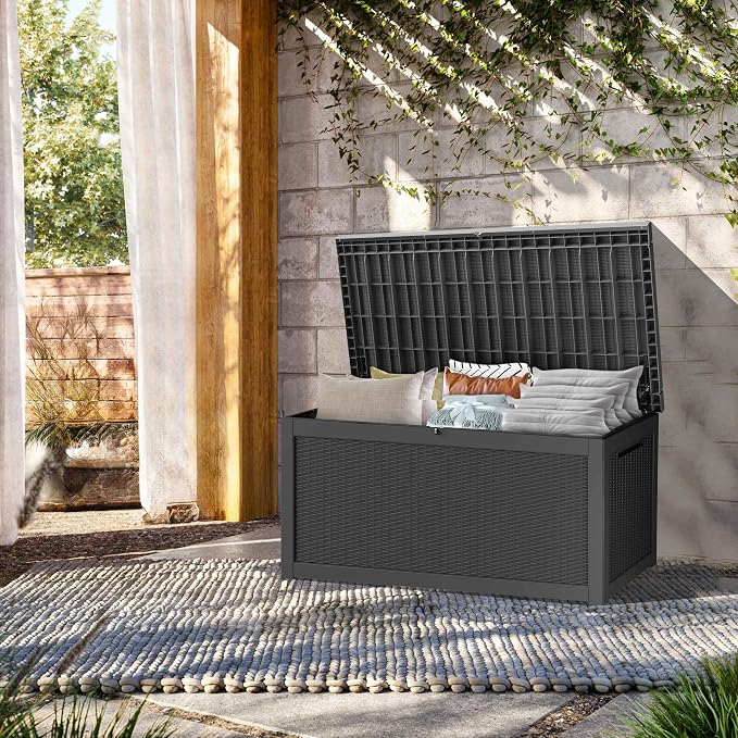 Outdoor Storage Box, 320 Gallon Waterproof Deck Box, Dual Gas-Spring Ultimate Resin Organizer for King Cushions, Heavy-Duty Lockable Estate Storage Bench, Backyard BBQ, Black