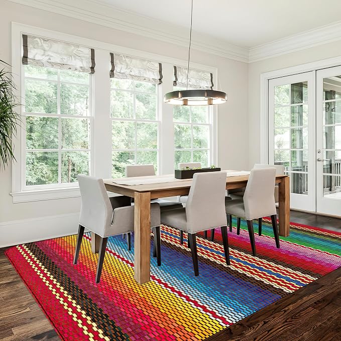 Mexican Ethnic Rug for Living Room 5x7,Boho Rainbow Stripes Machine Washable Area Rug Soft Stain Resistant Floor Large Carpet for Bedroom,Farmhouse,Dining Room,Kids Playroom