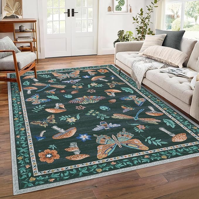 Mushroom 8 X 10 Rug for Living Room Non Slip Washable 8x10 Rug for Bedroom with Rubber Back Soft Low-Pile Stain Resistant Foldable Large Carpet for Office Nursery Dining Room Black