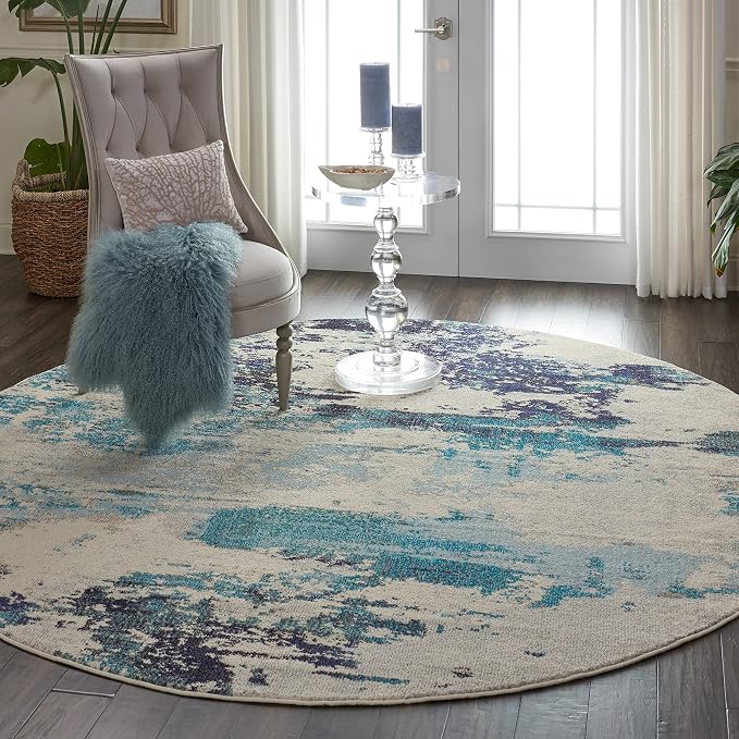 Nourison Home Celestial Ivory Teal Blue 7’10” x Round Area Rug - Easy Clean, Non Shedding, Bed Room, Living Room, Dining Room, Kitchen (8' x Round)