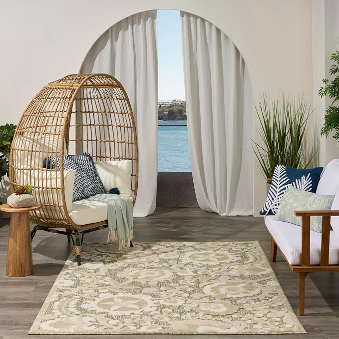 Nourison Home Aloha Ivory Sage 5'3" x 7'5" Area Rug - Easy Clean, Non Shedding, Bed Room, Living Room, Dining Room, Kitchen (5' x 8')