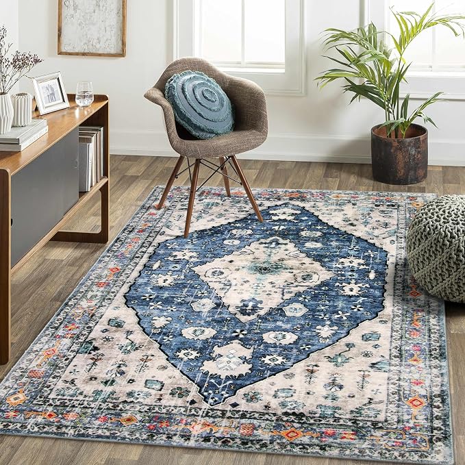 Lahome Felice Boho Tribal Area Rug - Blue 5x7 Large Rug for Bedroom Soft Non Slip Washable Non Shedding Living Dining Room Mat, Indoor Turkish Office Carpet for Dorm Kitchen Nursery Dining Bedroom