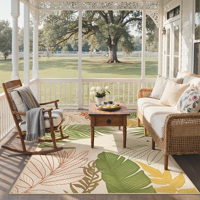 GENIMO Outdoor & Indoor Area Rug 8'x10', Waterproof, Non-Shedding, Easy Cleaning, Leaf Mat for Patio, Living Room, Balcony, Dining Room, RV, Deck, Bedroom, Camping, Outside Carpet, Olive Mustard
