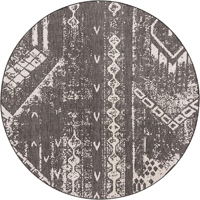 Unique Loom Outdoor Bohemian Collection Area Rug - Anthro (6' 1" Round, Charcoal Gray/ Ivory)