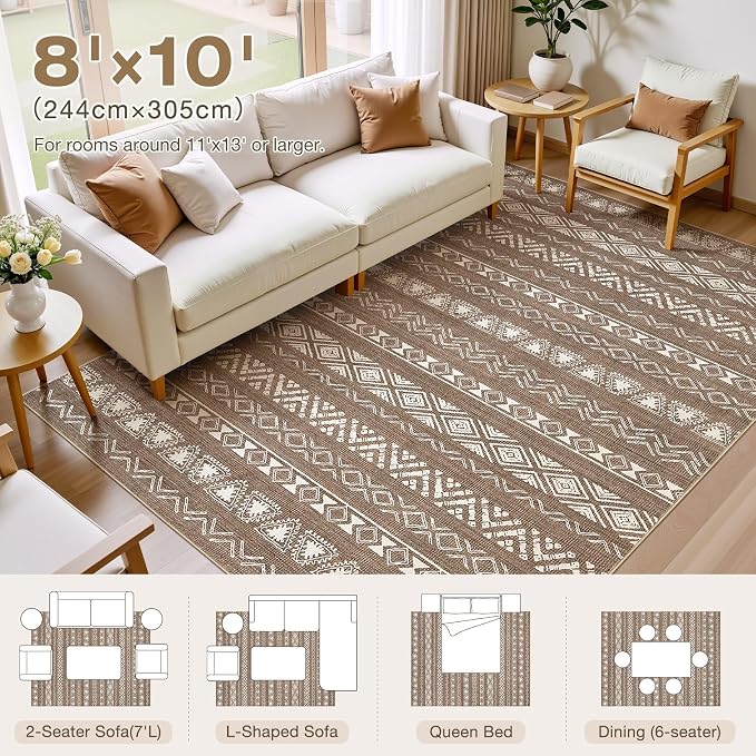 kakania Washable 8x10 Area Rug for Living Room: Boho Geometry Home Decor | Soft Stain Resistant, Low-Pile, Non-Slip, Pet & Kid Friendly, Thin Rug for Bedroom/Dining Room/Kids Dorm - Dark Brown