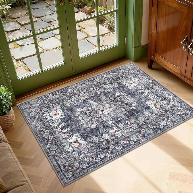 GarveeHome Washable 2x3 Vintage Rug for Hallway Floral Accent Mat | Boho Botanical Small Accent Mats Non-Slip Low Pile Bordered Kitchen Floor Carpets Flower Area Rugs for Bathroom Porch Blue