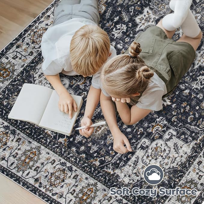 Area Rug 8x10 Washable Rug, Vintage Boho Medallion Rugs Non-Slip Soft Low Pile Large Distressed Rug Indoor Retro Carpet for Living Room Bedroom Dining Room Home Office (Vintage Black, 8'x10')