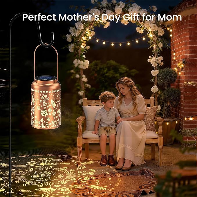 JEJOT Hummingbird Solar Lanterns Outdoor Waterproof, Birthday Gifts for Women Mom Grandma,Metal Hanging Solar Lantern for Yard,Garden,Porch Landscape Deconrations-1 Pack