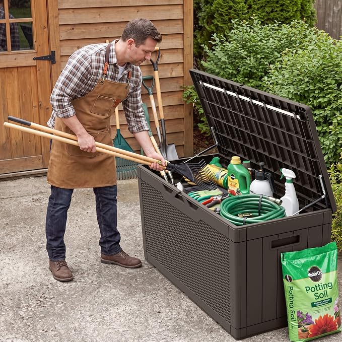 Flamaker Outdoor Storage Box 100 Gallon Waterproof Resin Deck Box Delivery with Air Rod Indoor Outdoor Lockable Storage Bench for Patio Cushions, Tools, Pool Accessories (Deep Brown)