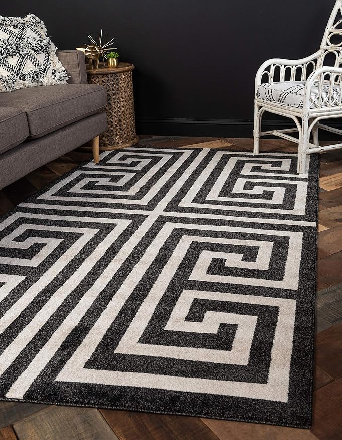 Unique Loom Athens Collection Classic Geometric Modern Border Design Area Rug (3' 3 x 5' 3 Rectangular, Black/ Beige)