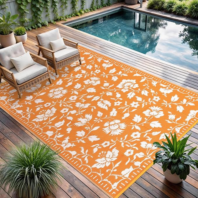 Garvee 5x8 RV Outdoor Rug Waterproof, Floral Outdoor Plastic Straw Rug with Portable Bag, Vintage Foldable Reversible Outside Rugs for Picnic Backyard Deck Balcony Porch Beach Camper, Orange