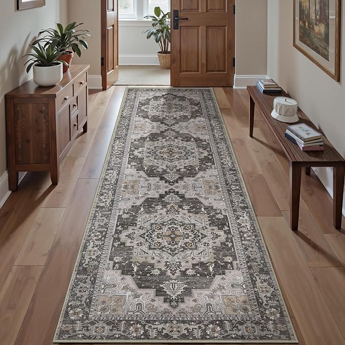 Tangsoo Vintage 2.6x8 Washable Hallway Runner Rugs,Boho Non Slip Rug Runner | Oriental Soft Low Pile Long Runner Rug, Farmhouse Carpet Runners for Kitchen Bedroom Entryway Bathroom Grey Taupe Home Decor
