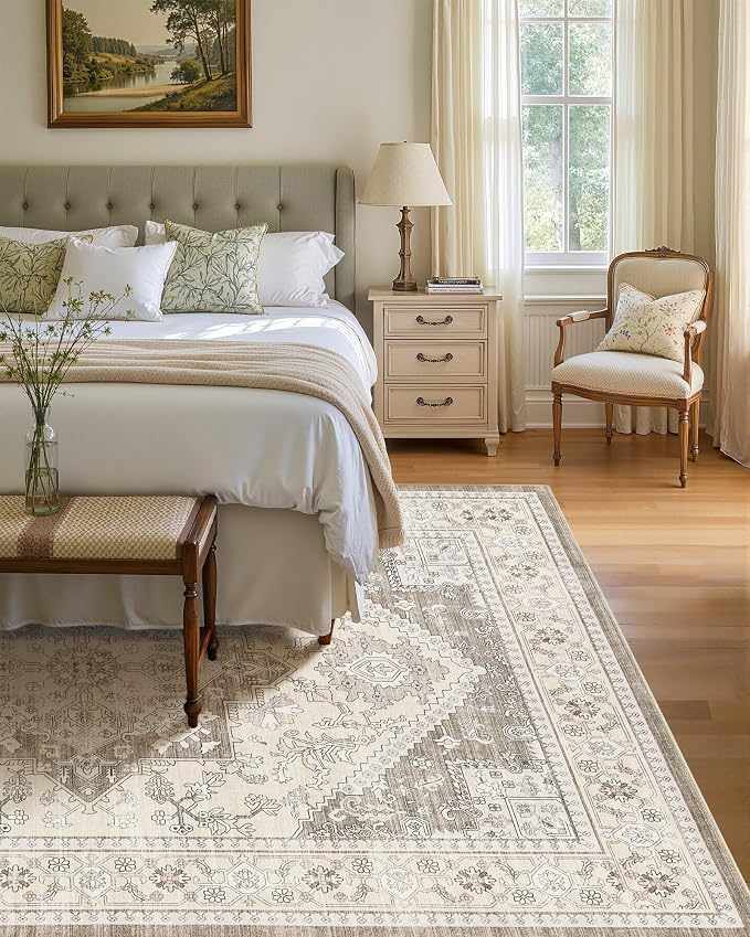 Washable Area Rug-5X8 Vintage Neutral Soft Brown | Non Slip Thin Foldable Large Floor Carpet for Living Room Bedroom Kitchen Dining Room Home Office Farmhouse Indoor