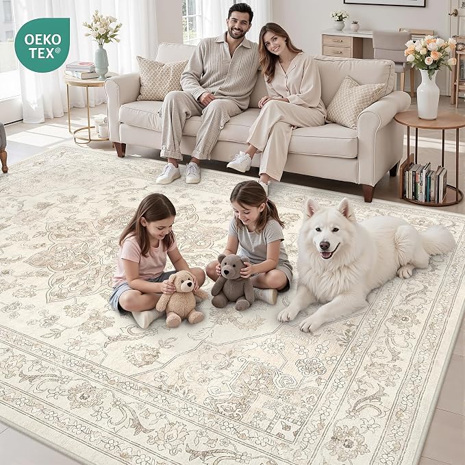 Area Rugs 9x12 Living Room: Bedroom Washable Carpet Beige White | Vintage Boho Soft Small Indoor Decor Floor Non-Slip Low Pile Neutral Farmhouse Entryway Laundry Bathroom Bedroom Beside Rugs