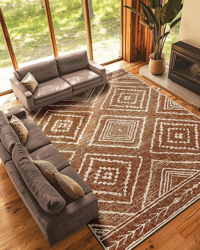 Area Rug 9x12 Machine Washable Non-Slip Low Pile Print Pattern Western Tribal Series Yellowbrown/Cream for Living Room Bedroom Entryway | Soft Western No Slip Low Pile Print Foldable Indoor for Kitchen Dining Room